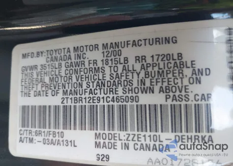 2001 Toyota Corolla Ce из США, поврежденный, VIN 2T1BR12E91C465090